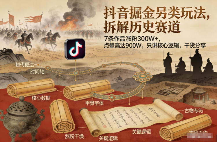 抖音掘金另类玩法，拆解历史赛道，7条作品涨粉300W+，点赞量高达900W，只讲核心逻辑，干货分享-550资源网|九公子网络科技