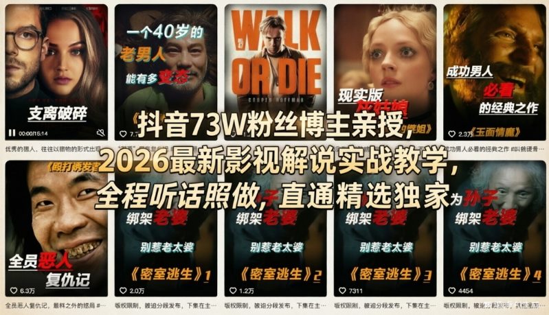 抖音73W粉丝博主亲授,2026最新影视解说实战教学,全程听话照做,直通精选独家-550资源网|九公子网络科技