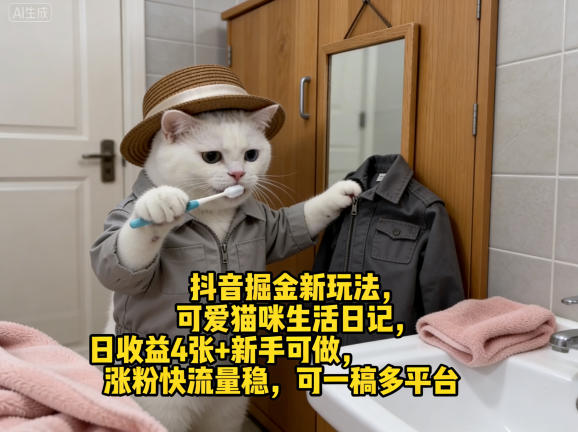 抖音掘金新玩法,可爱猫咪生活日记,日收益4张+新手可做,涨粉快流量稳,可一稿多平台-550资源网|九公子网络科技